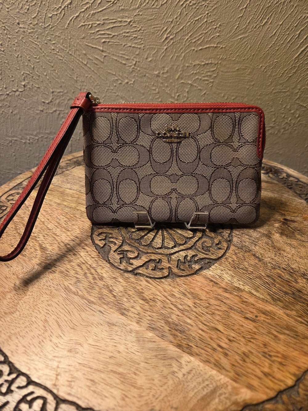 Coach Signature Canvas Wristlet with Red Trim